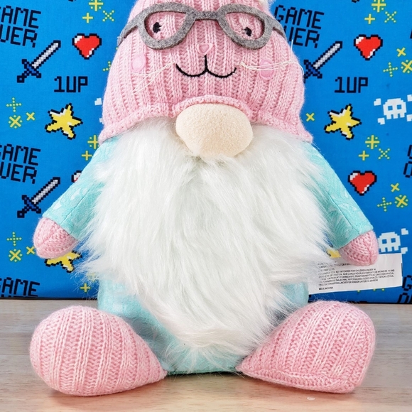 Spring Gnome Plush Wearing Pink Hat w/ Reading Glasses & White Sequin Bunny Ears - Picture 9 of 11